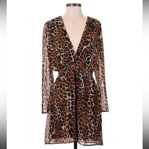 Express Long Sleeve Leopard Dress with Deep V Neck